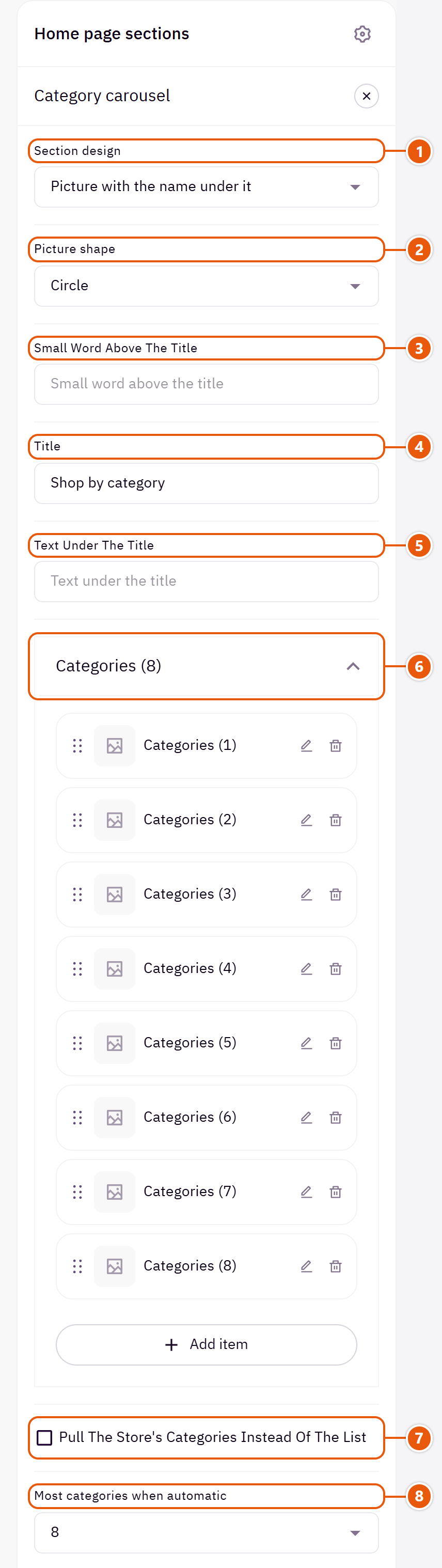 “Category carousel” settings in the Zid editor (1 of 6)