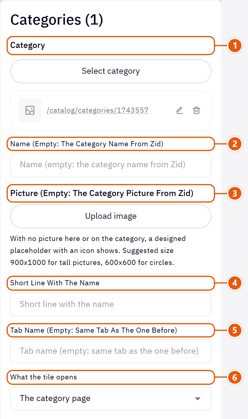 “Categories” settings in the Zid editor