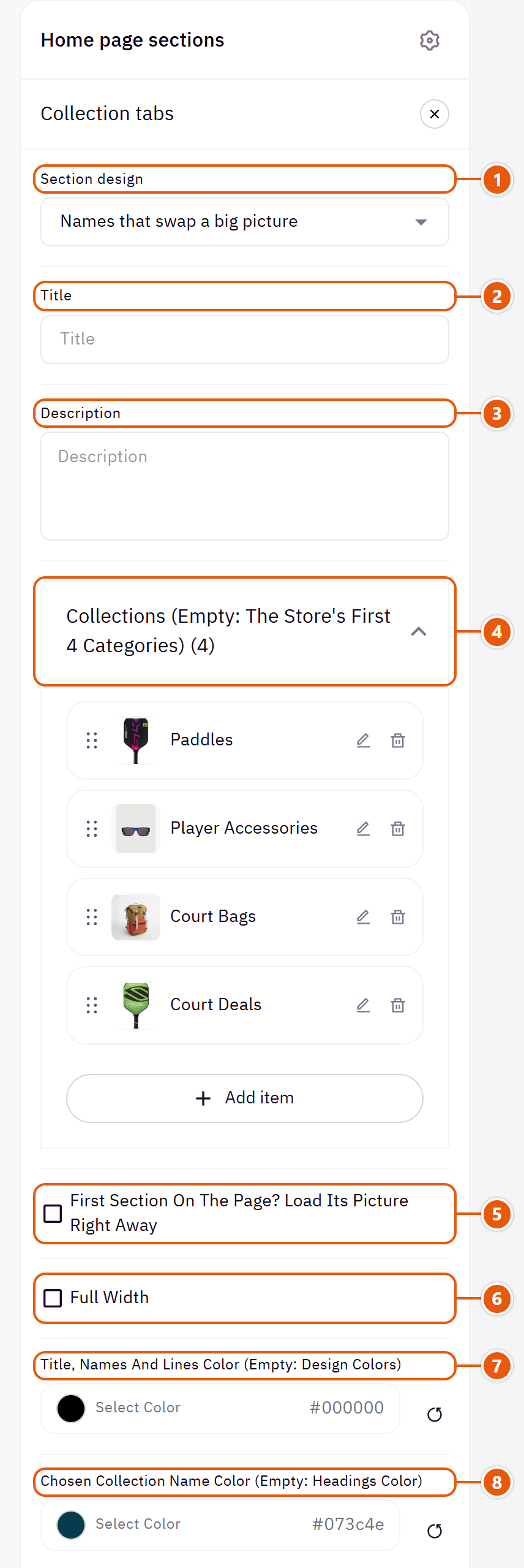 “Collection tabs” settings in the Zid editor (1 of 2)