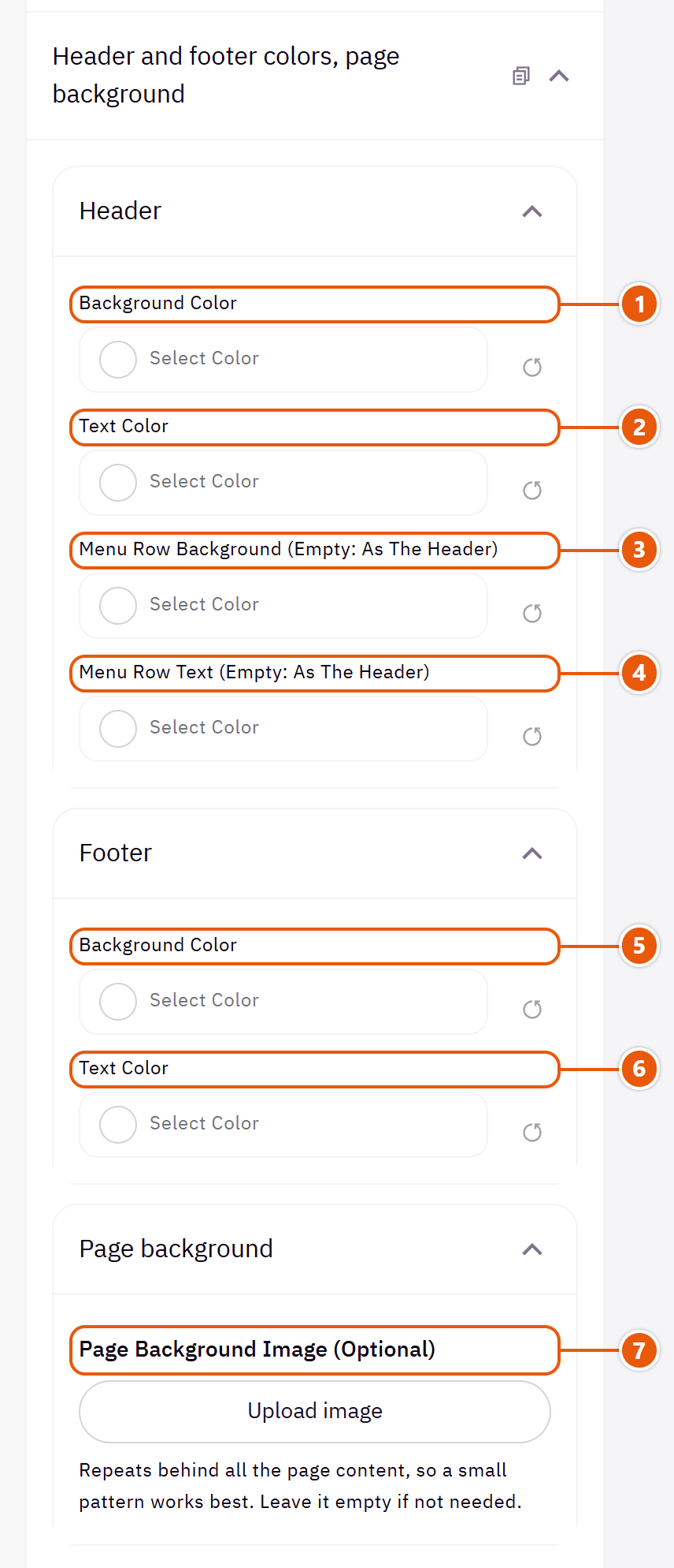 “Header and footer colors, page background” settings in the Zid editor