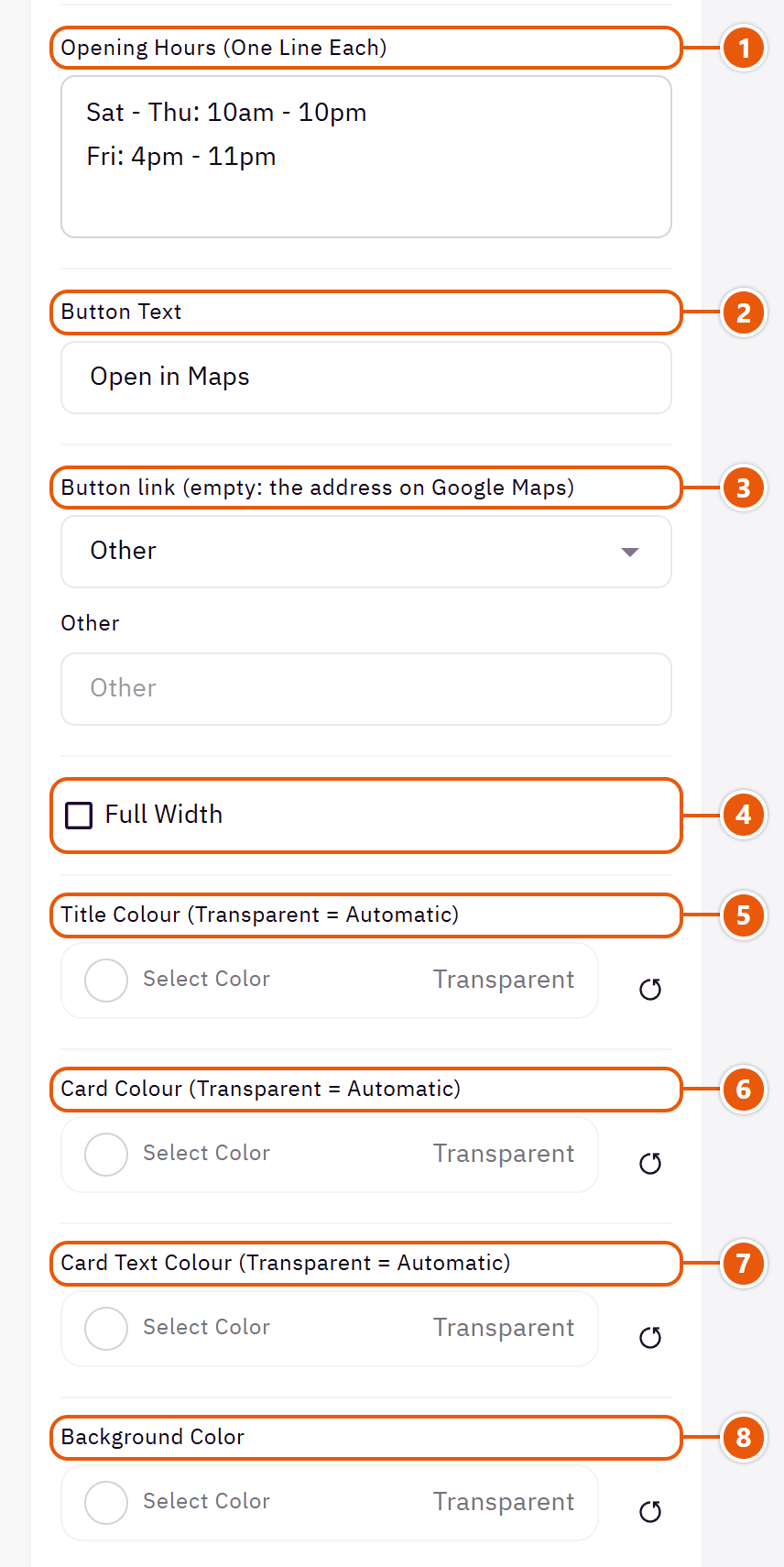 “Contact and map” settings in the Zid editor (2 of 3)