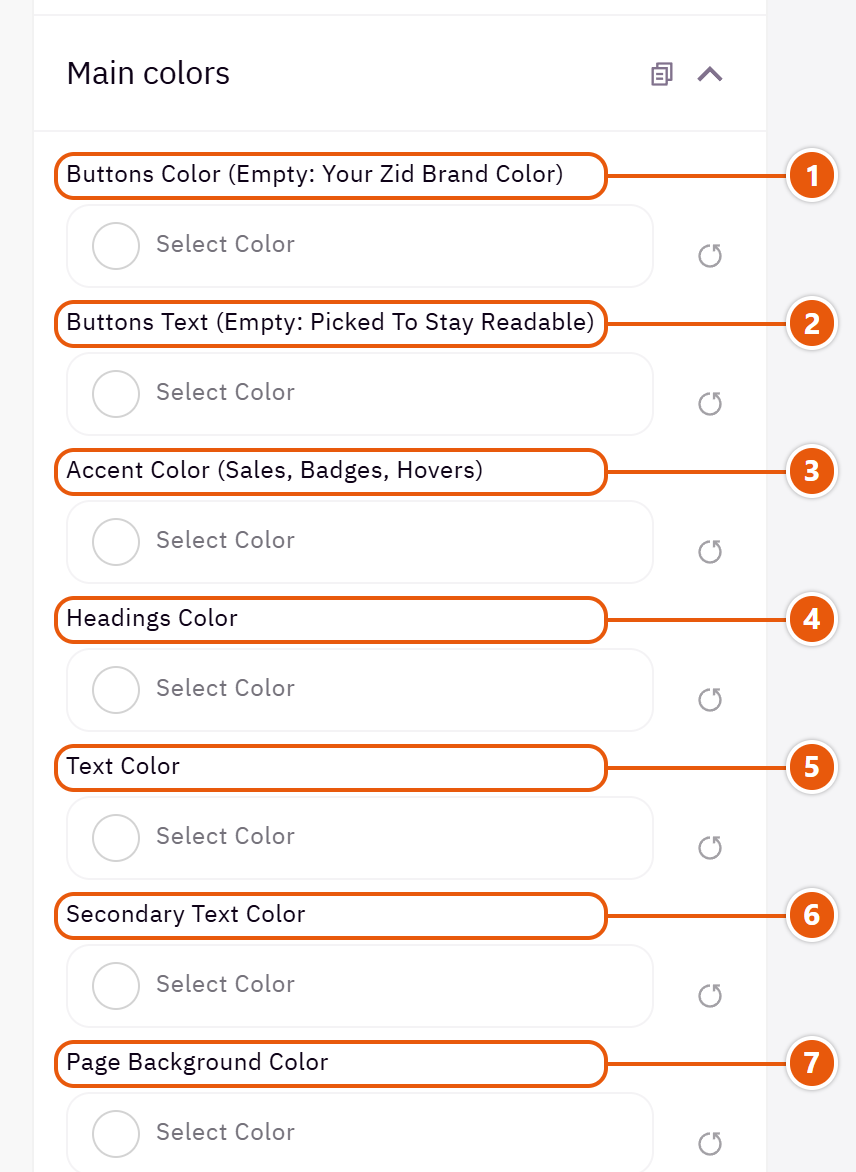 “Main colors” settings in the Zid editor (1 of 2)