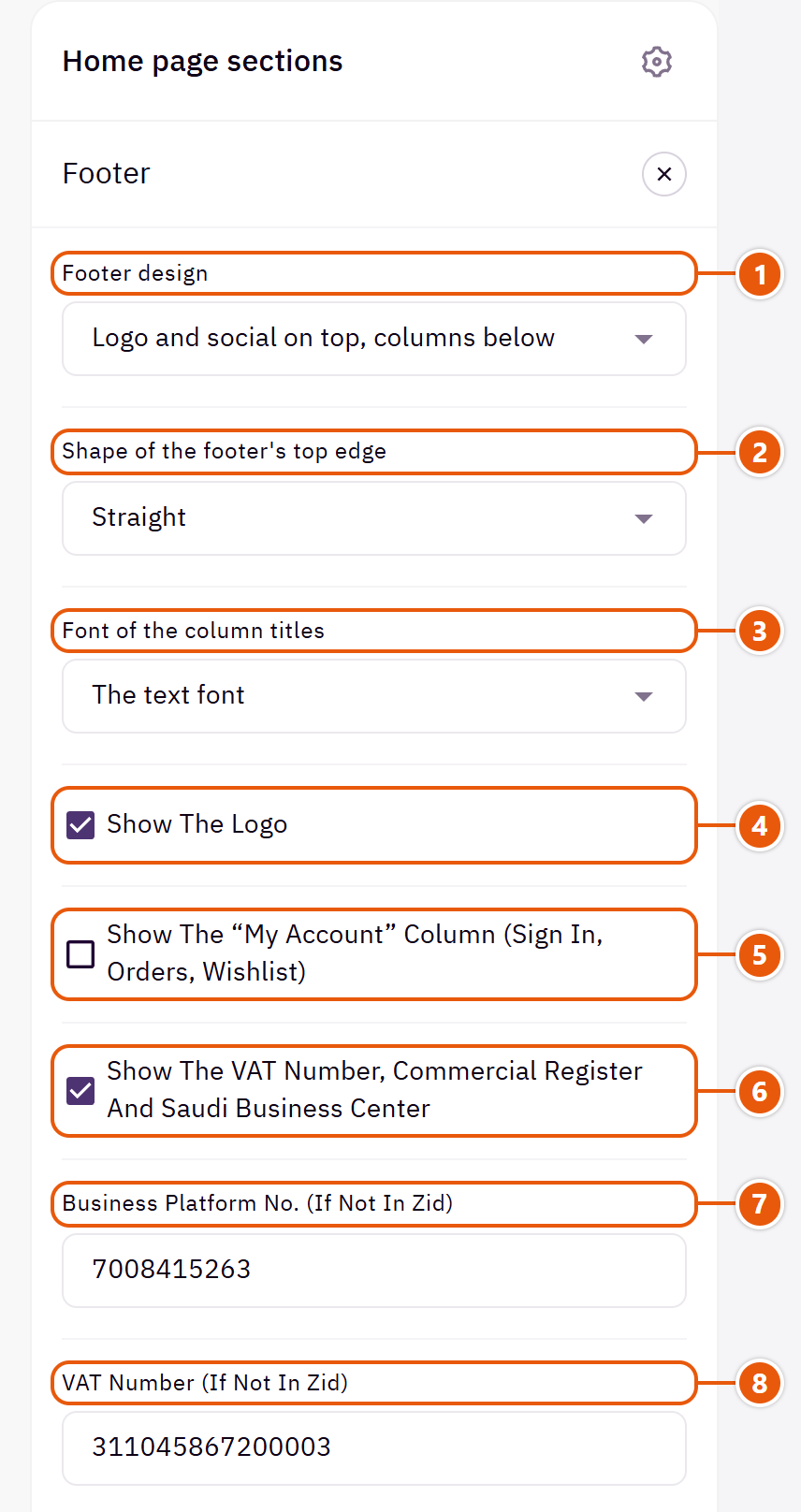 “Footer” settings in the Zid editor (1 of 2)