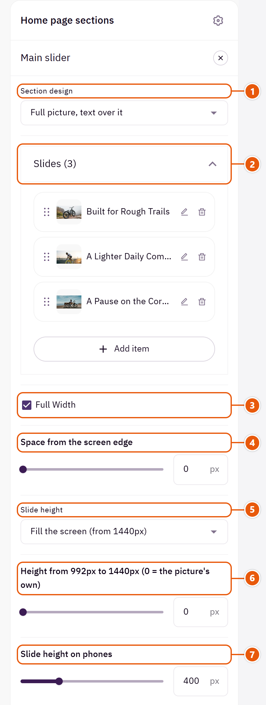 “Main slider” settings in the Zid editor (1 of 7)