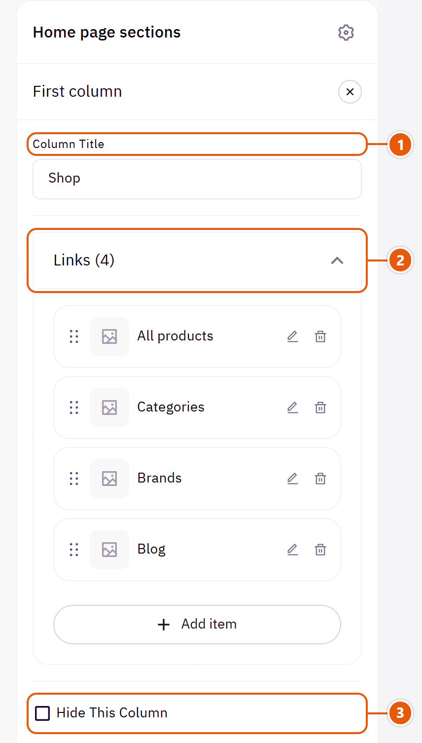“First column” settings in the Zid editor