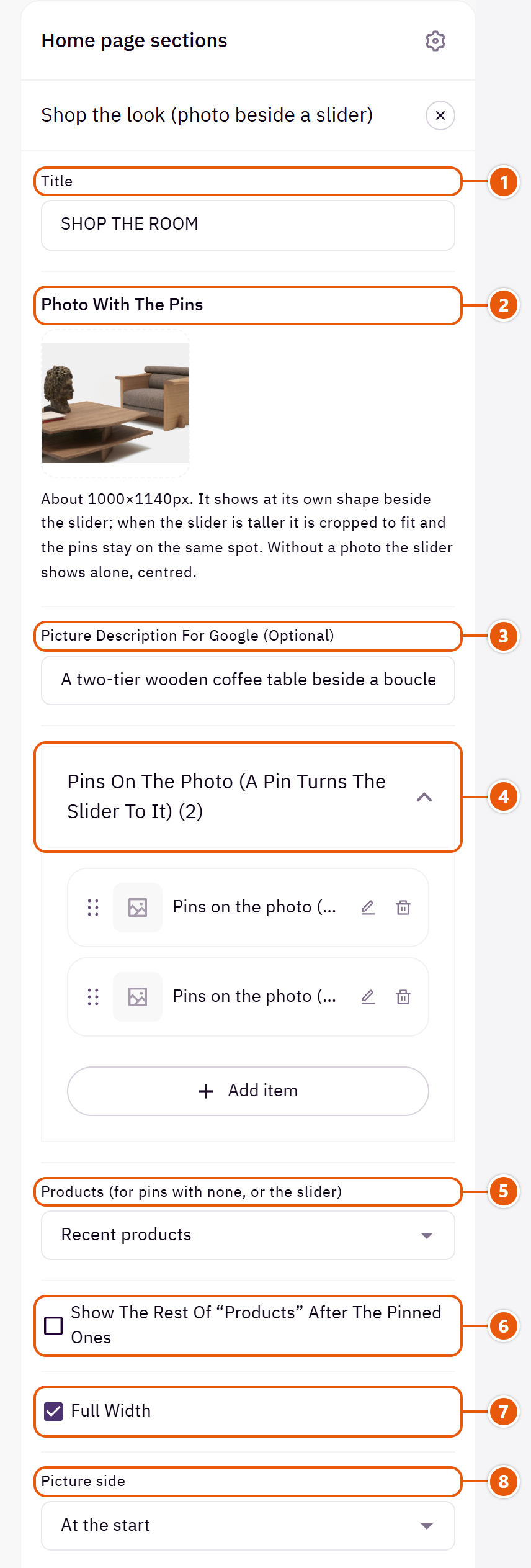 “Shop the look (photo beside a slider)” settings in the Zid editor (1 of 3)