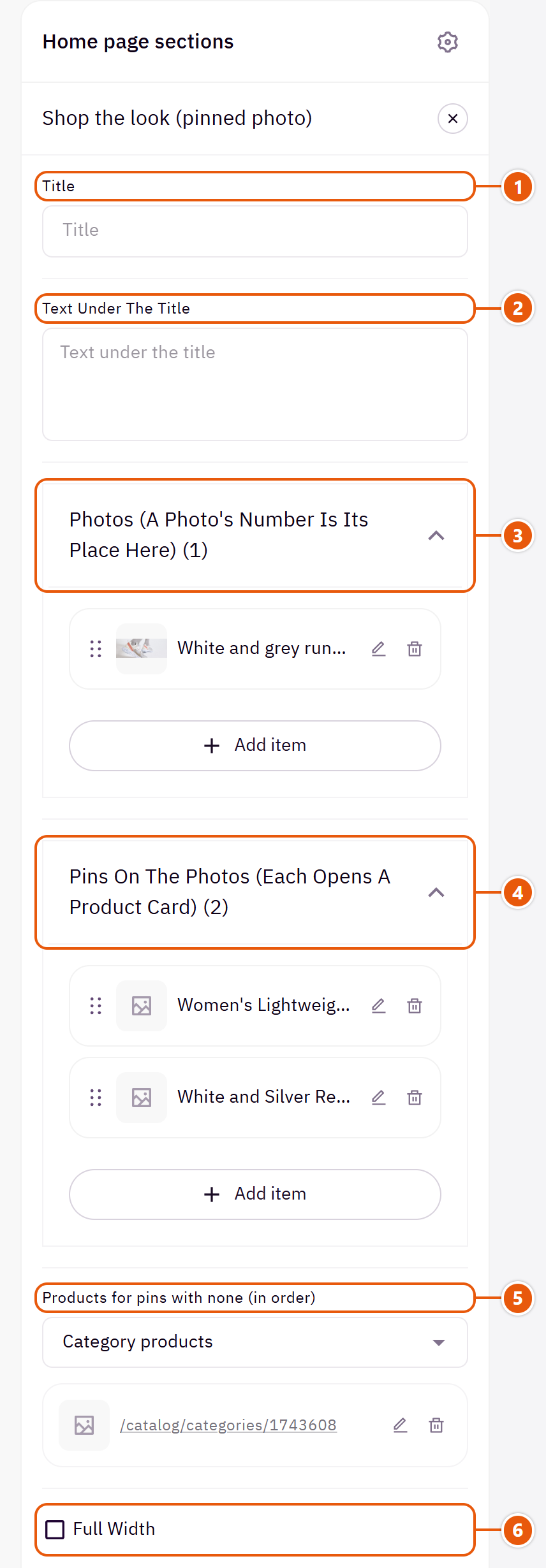 “Shop the look (pinned photo)” settings in the Zid editor (1 of 3)