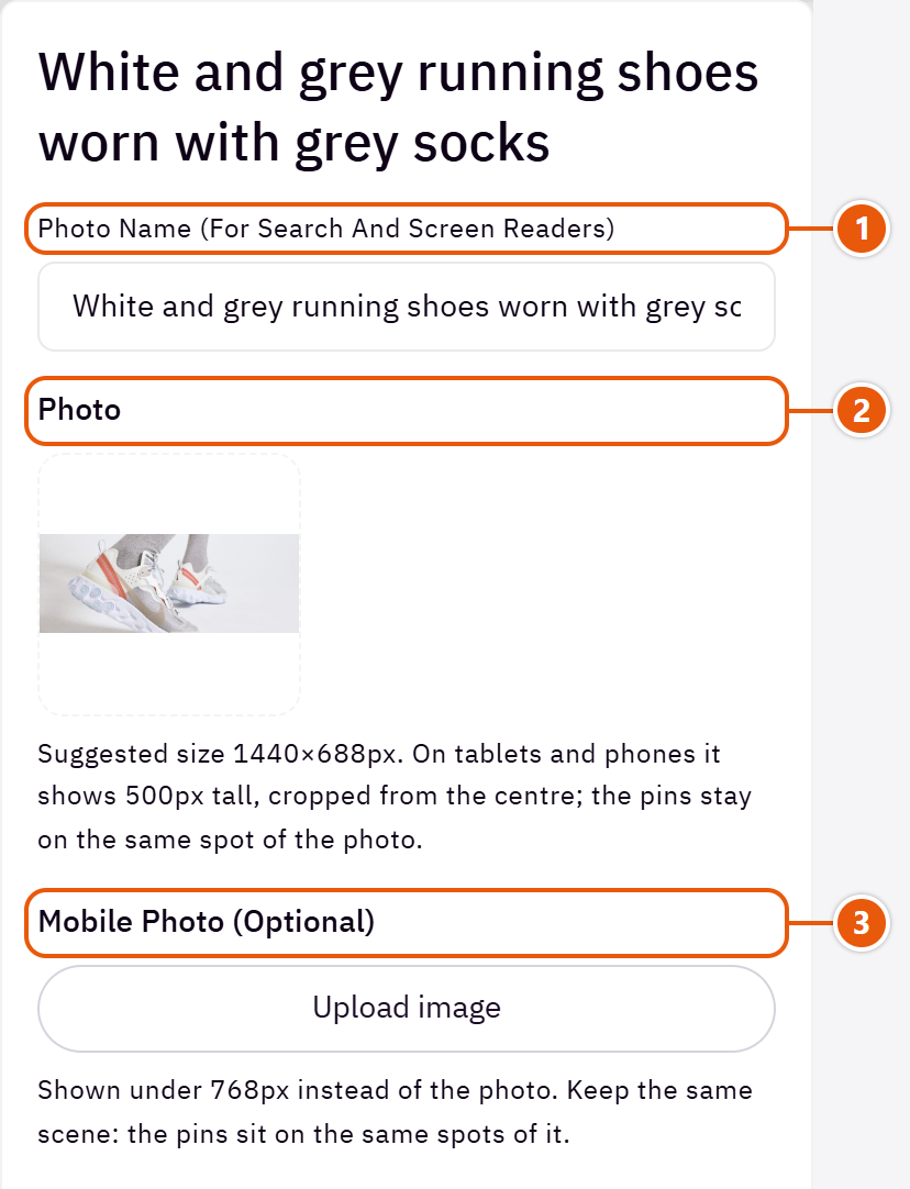 “Photos (a photo's number is its place here)” settings in the Zid editor