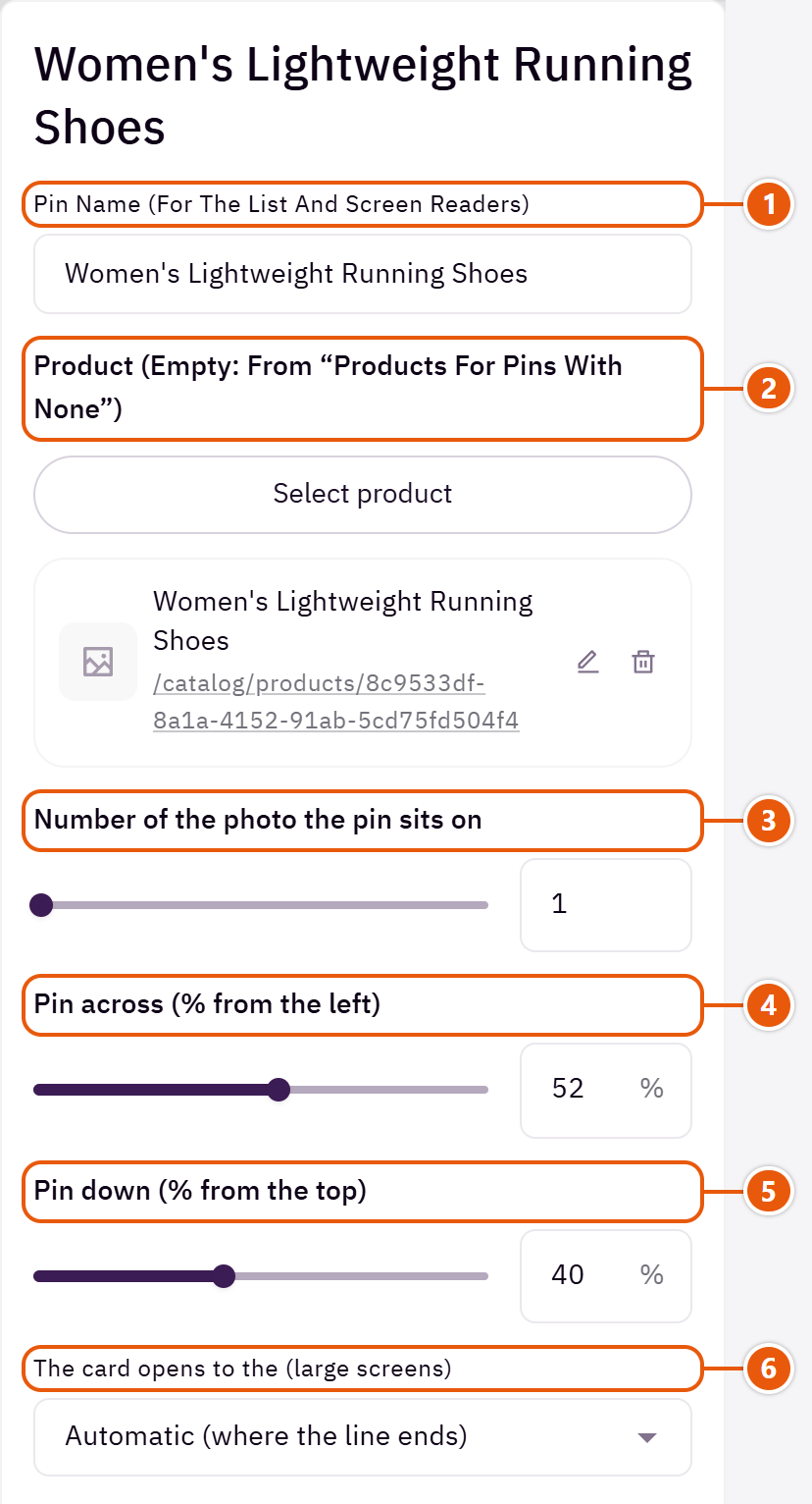 “Pins on the photos (each opens a product card)” settings in the Zid editor