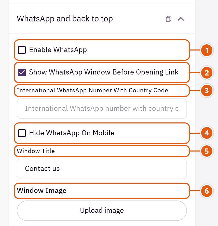 “WhatsApp and back to top” settings in the Zid editor (1 of 3)