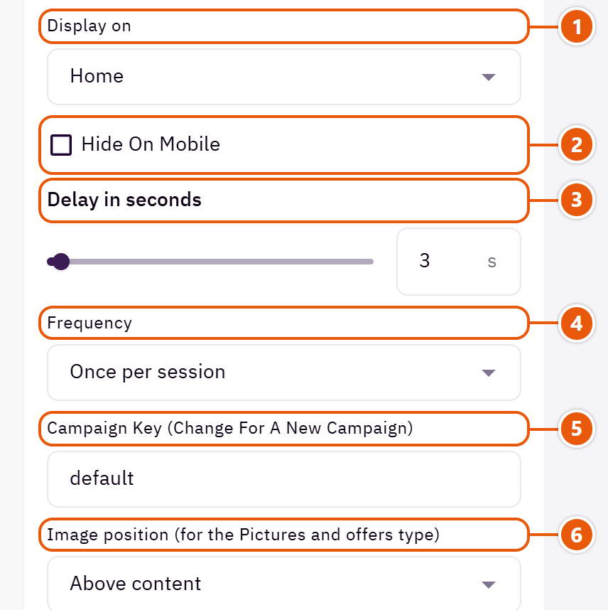 “Advertising popup” settings in the Zid editor (2 of 4)