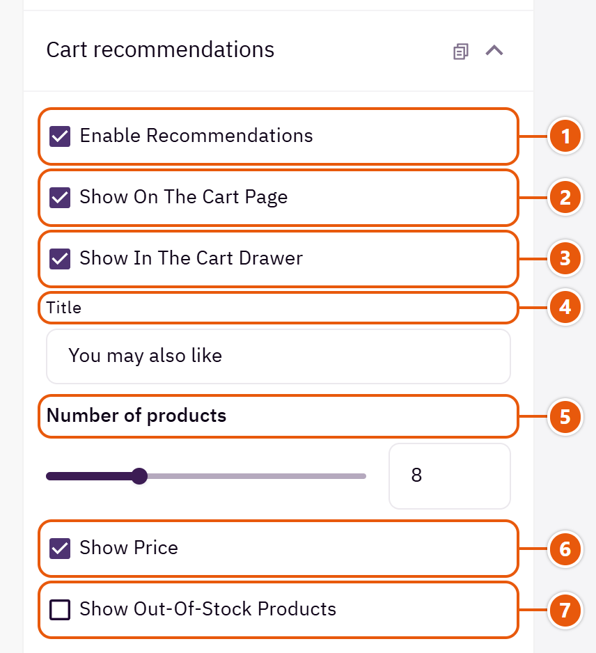 “Cart recommendations” settings in the Zid editor