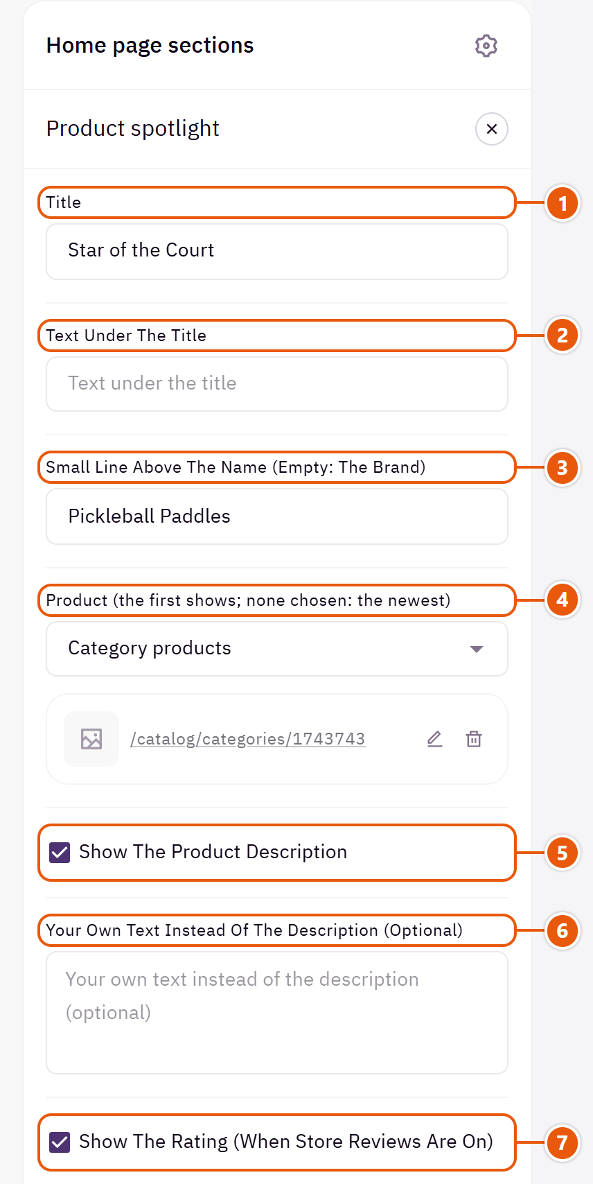 “Product spotlight” settings in the Zid editor (1 of 5)