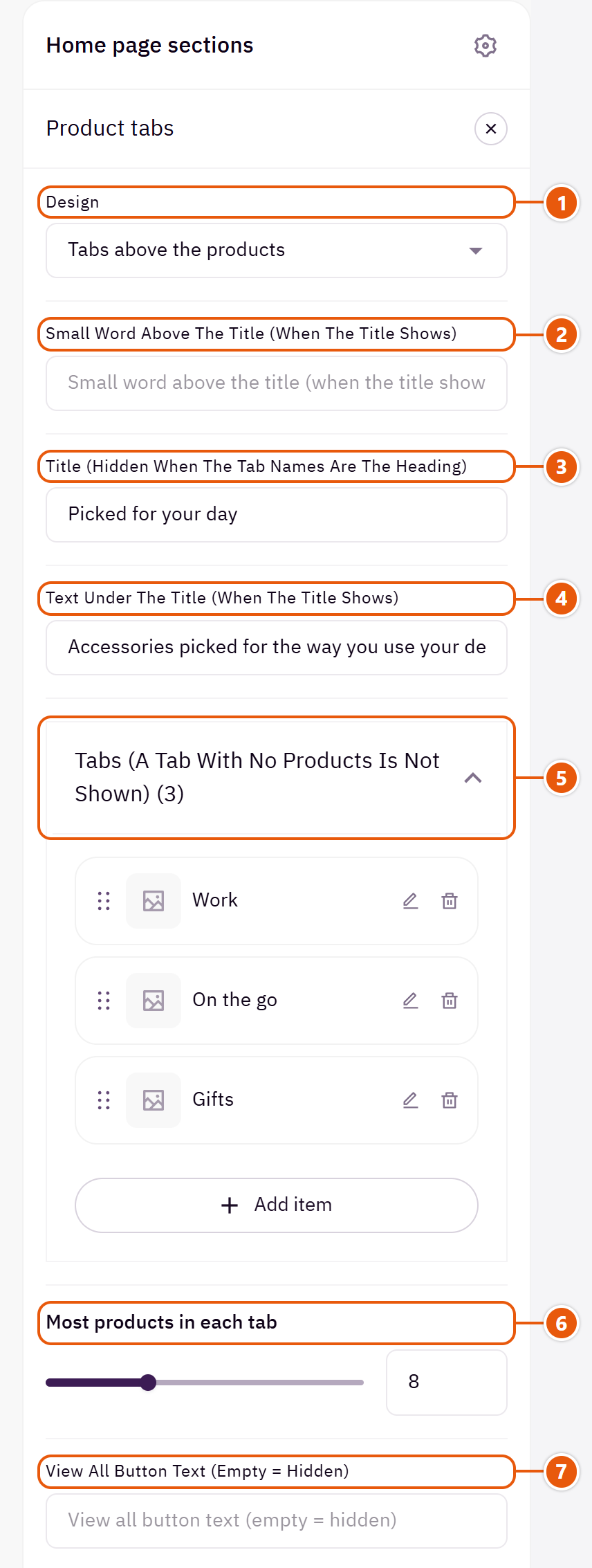 “Product tabs” settings in the Zid editor (1 of 6)