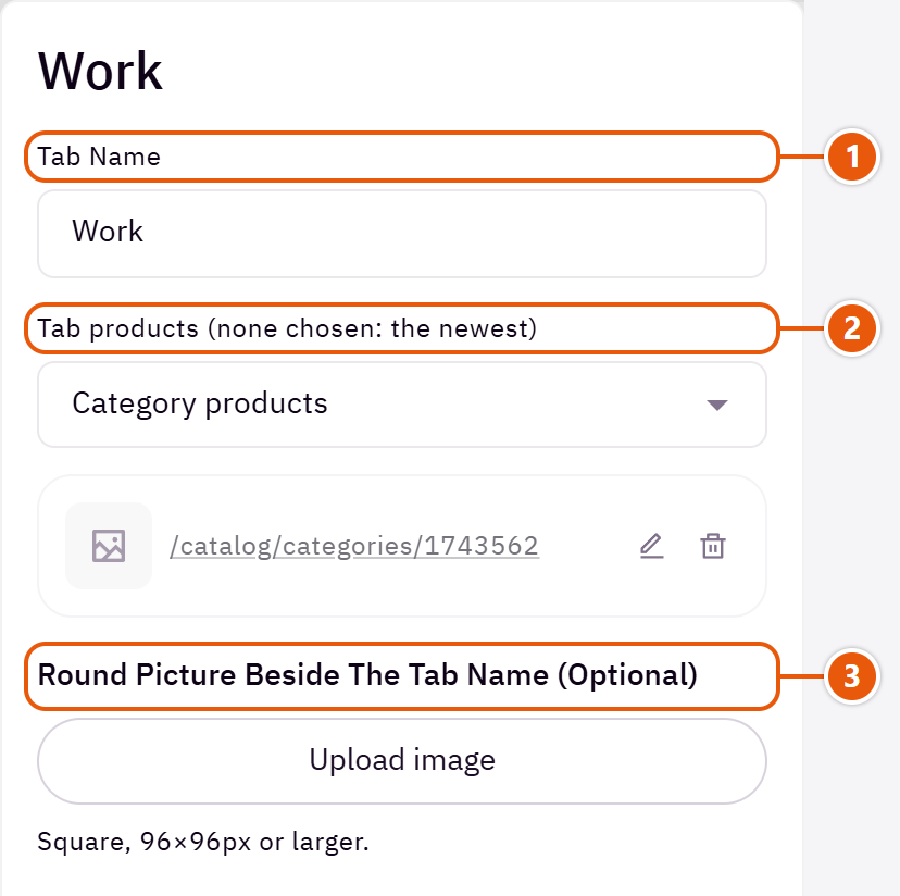 “Tabs (a tab with no products is not shown)” settings in the Zid editor
