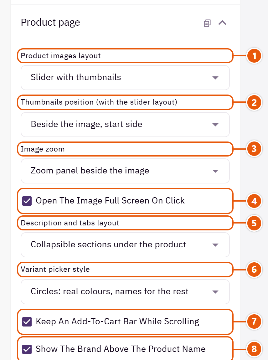 “Product page” settings in the Zid editor (1 of 3)