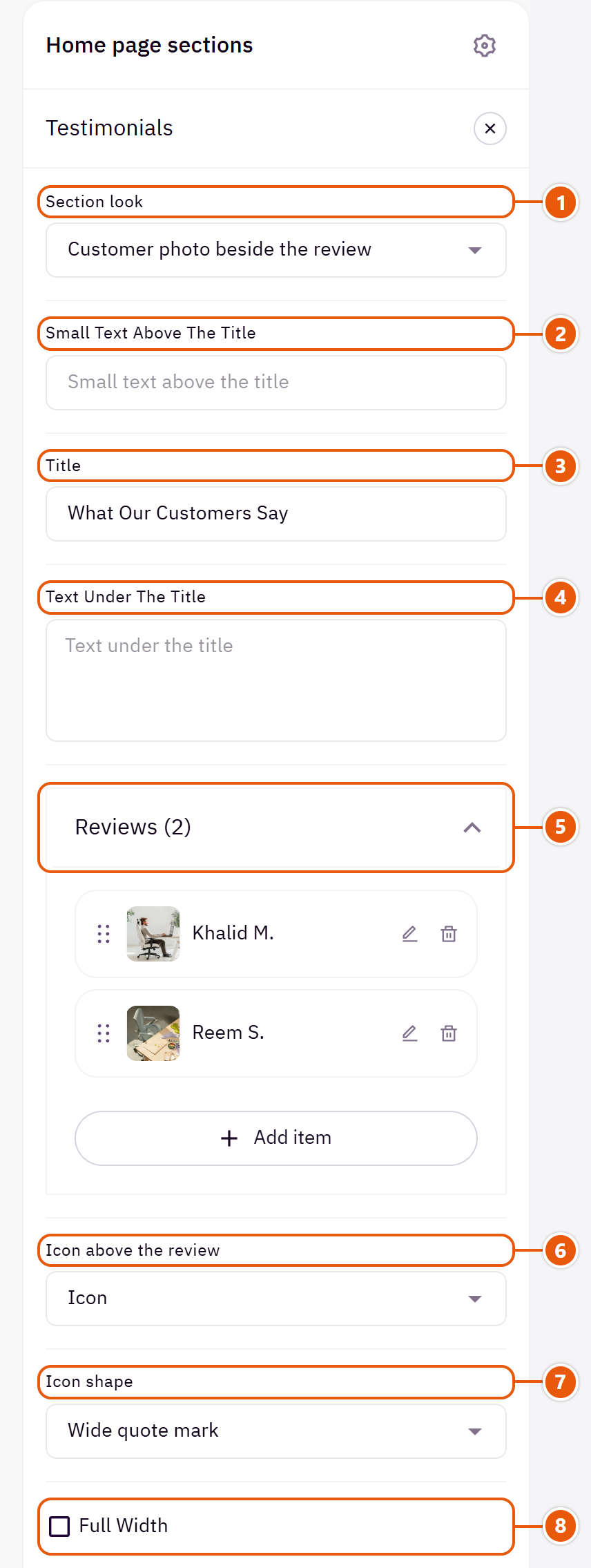 “Testimonials” settings in the Zid editor (1 of 5)