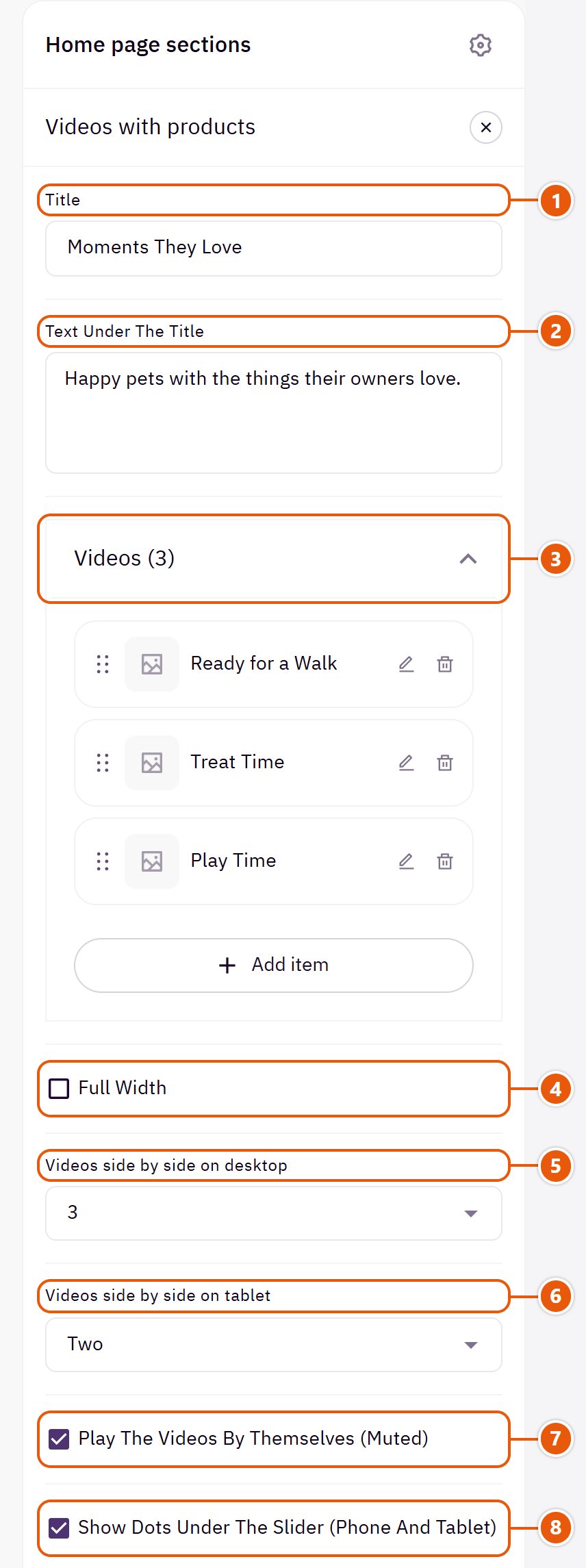 “Videos with products” settings in the Zid editor (1 of 2)