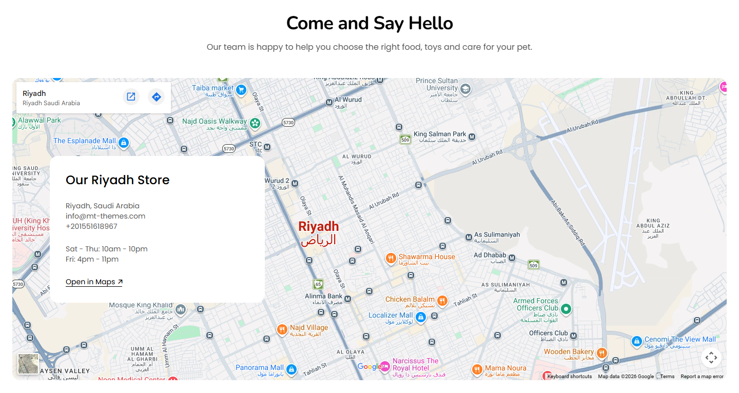 Map with the store's details card