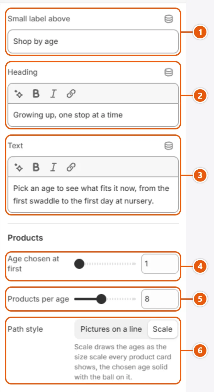 “Shop by age” settings in the Shopify editor (1 of 2)