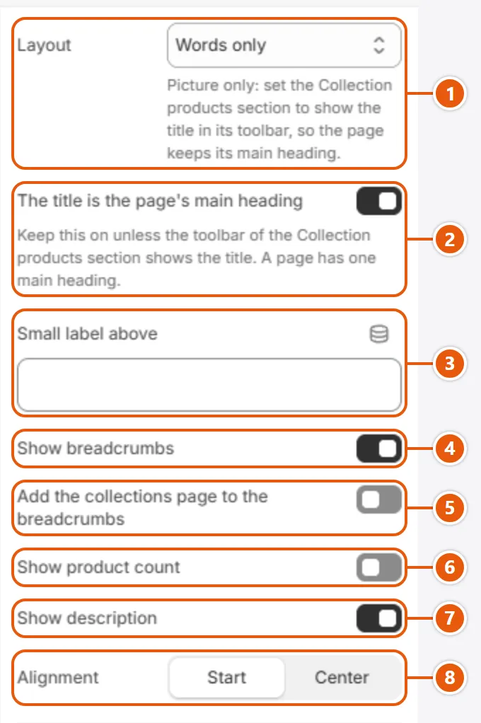 “Collection banner” settings in the Shopify editor (1 of 2)