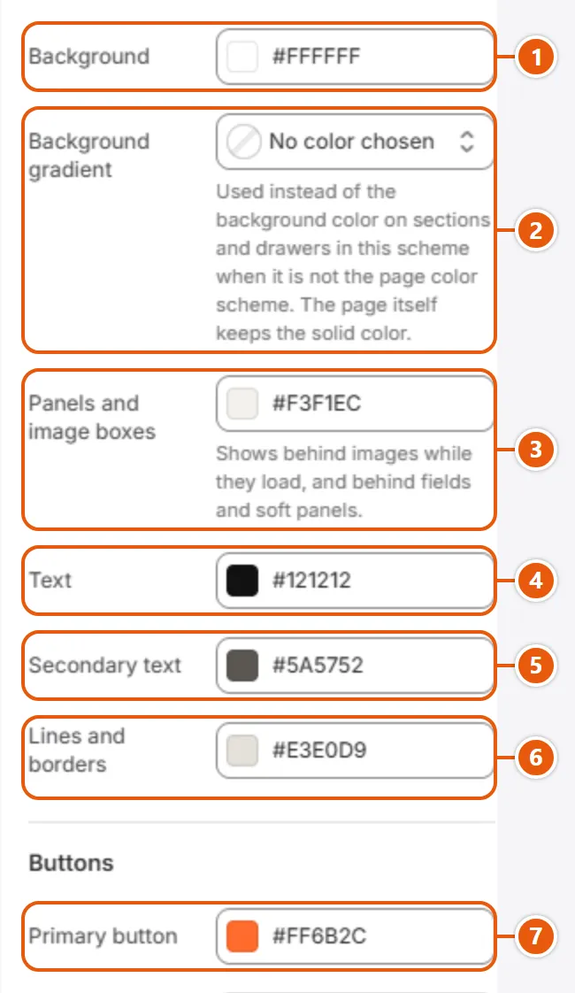 “Schemes” settings in the Shopify editor (1 of 2)
