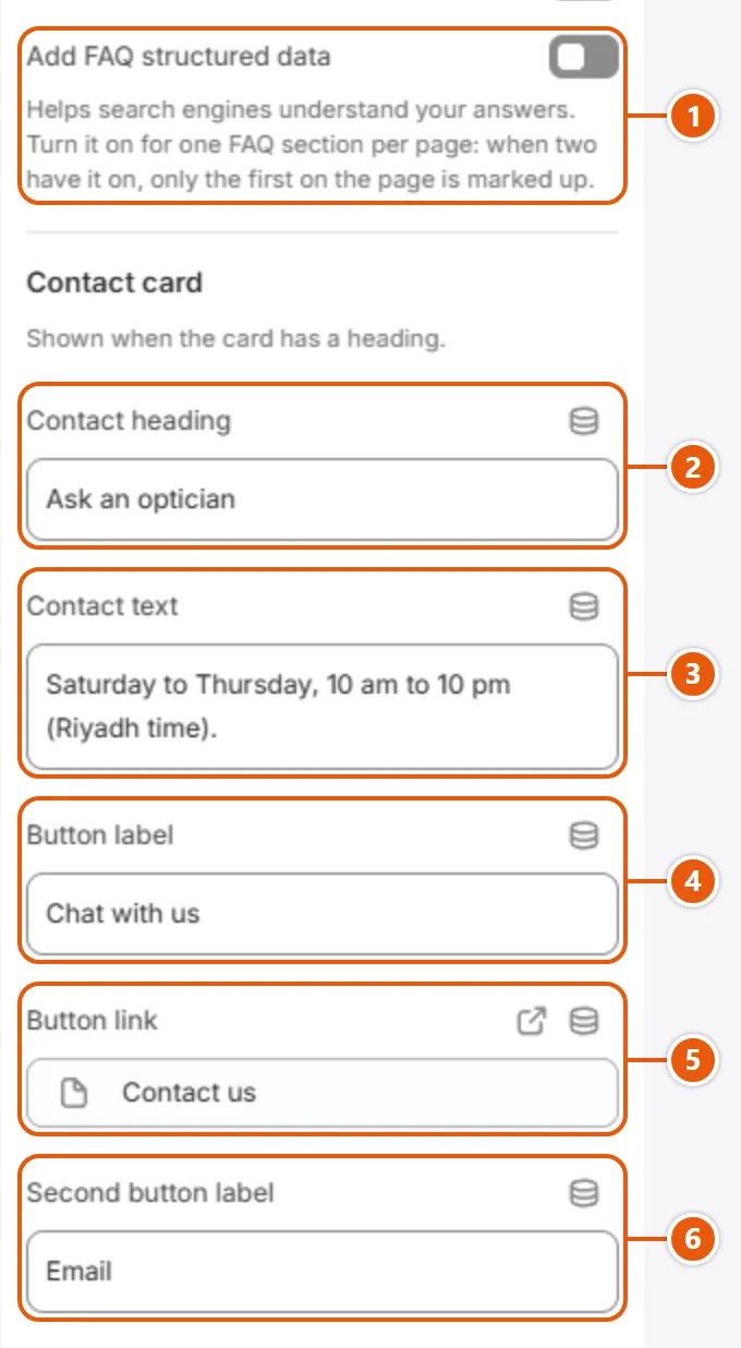 “FAQ” settings in the Shopify editor (2 of 3)