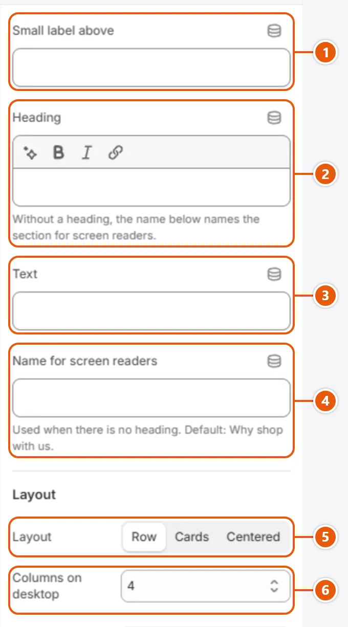 “Icons with text” settings in the Shopify editor (1 of 3)