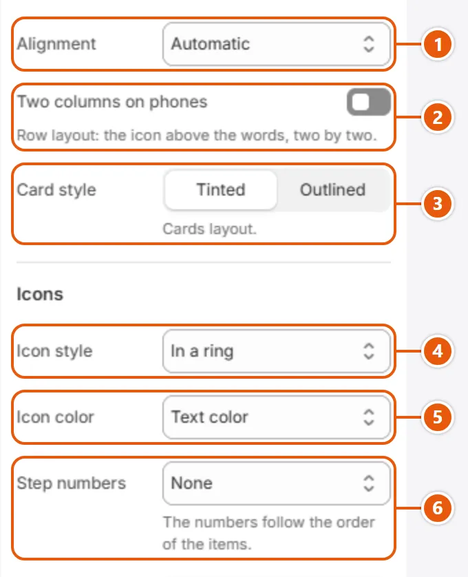 “Icons with text” settings in the Shopify editor (2 of 3)