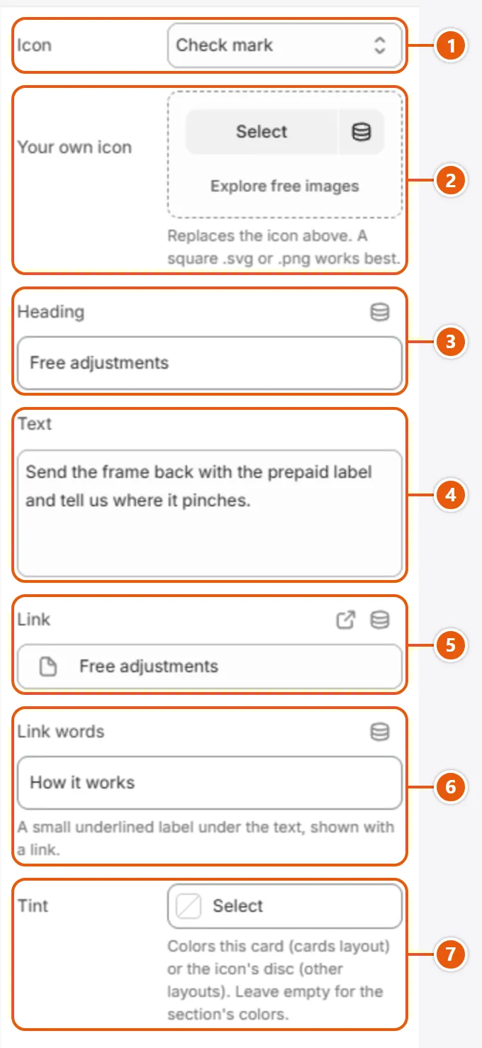 “Item” settings in the Shopify editor