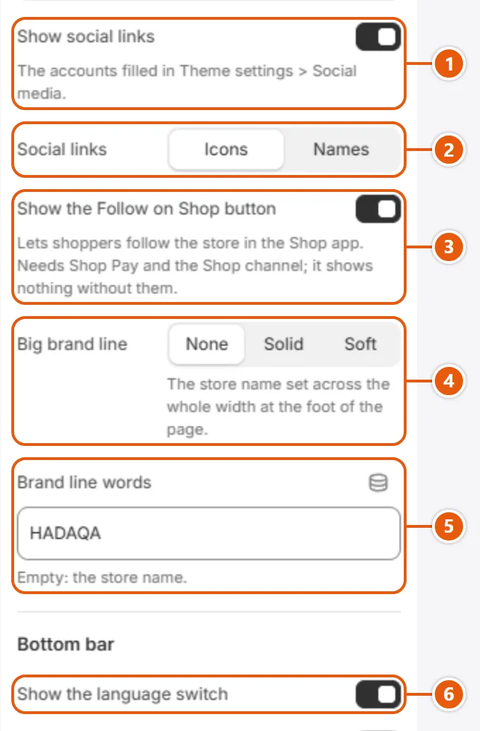 “Footer” settings in the Shopify editor (3 of 4)