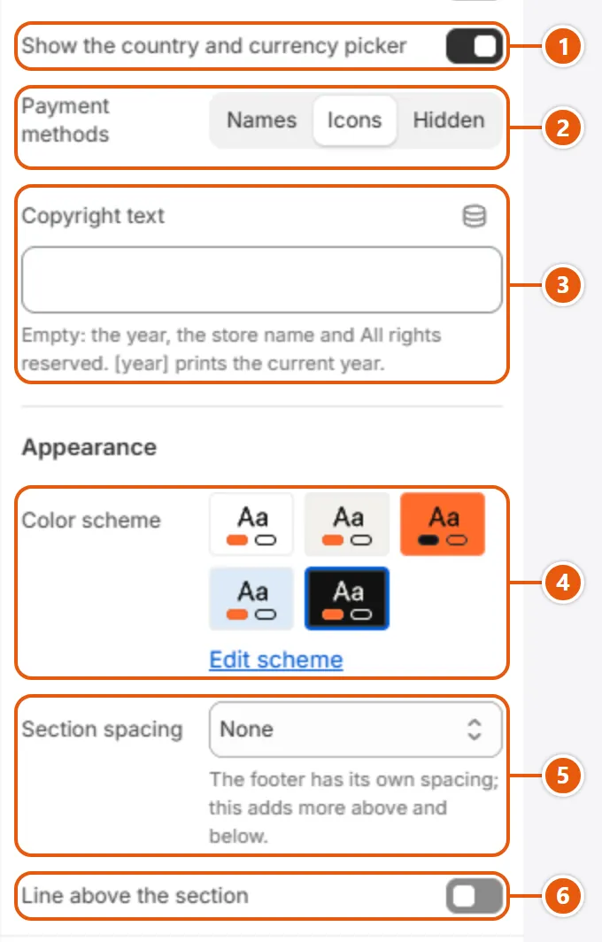 “Footer” settings in the Shopify editor (4 of 4)