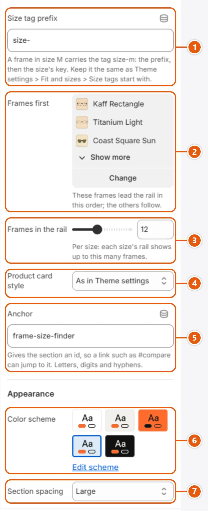 “Frame size finder” settings in the Shopify editor (2 of 2)