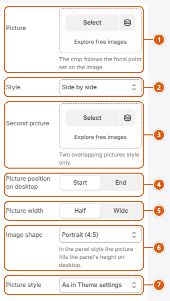 “Image with text” settings in the Shopify editor (1 of 3)