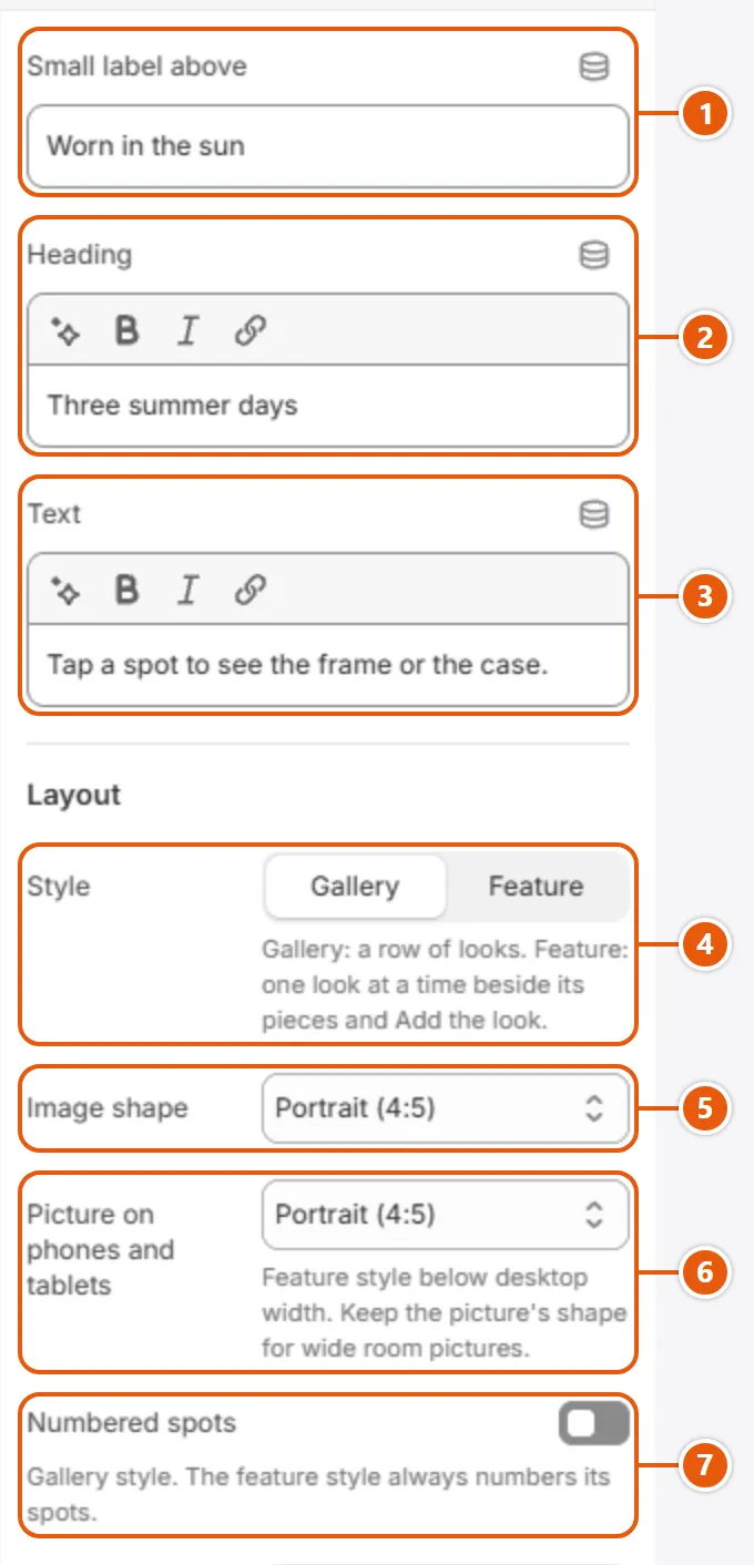 “Lookbook slideshow” settings in the Shopify editor (1 of 2)