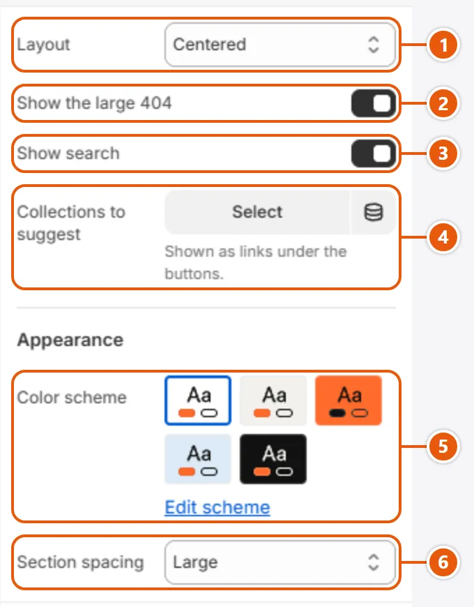 “Page not found” settings in the Shopify editor