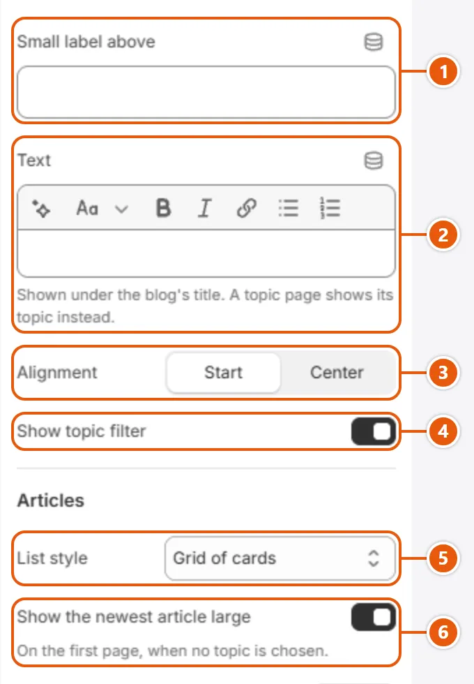“Blog” settings in the Shopify editor (1 of 3)