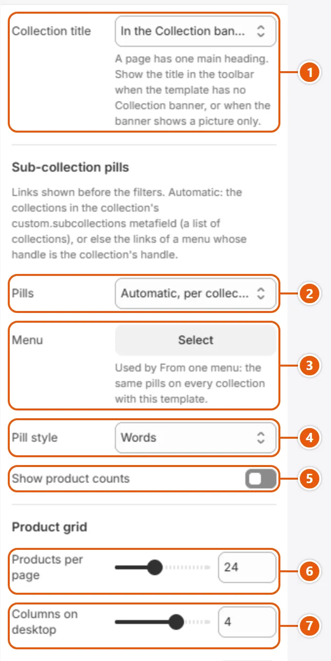 “Collection products” settings in the Shopify editor (1 of 3)