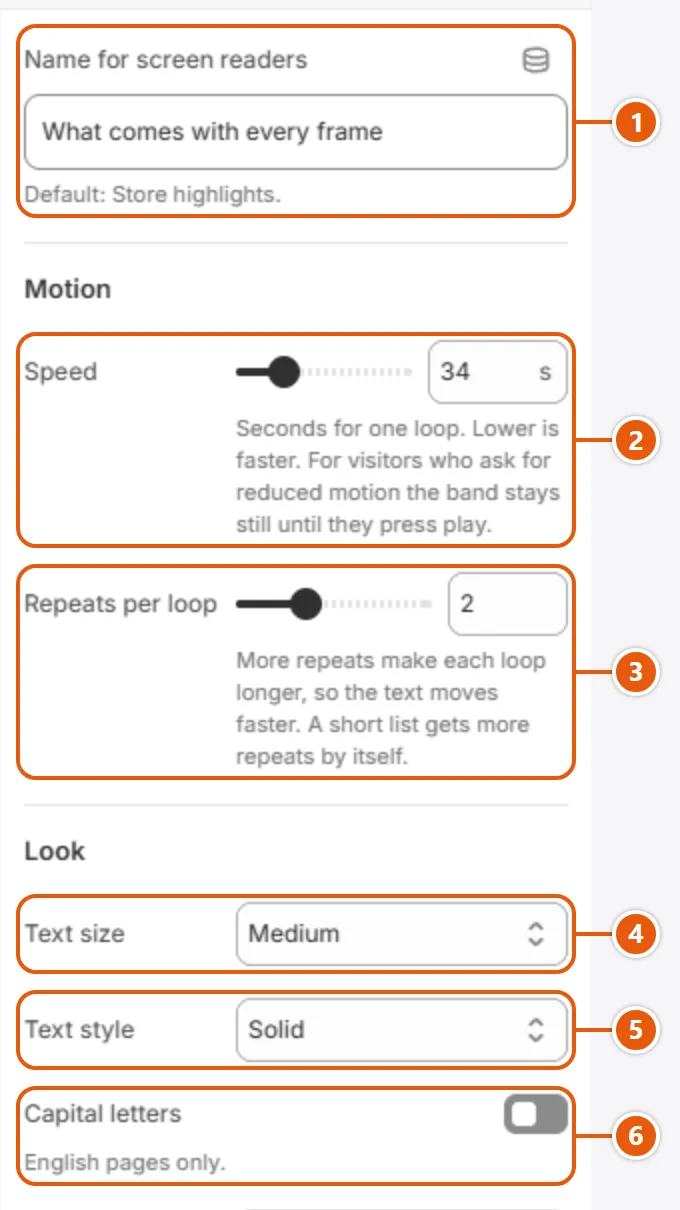 “Moving text” settings in the Shopify editor (1 of 3)