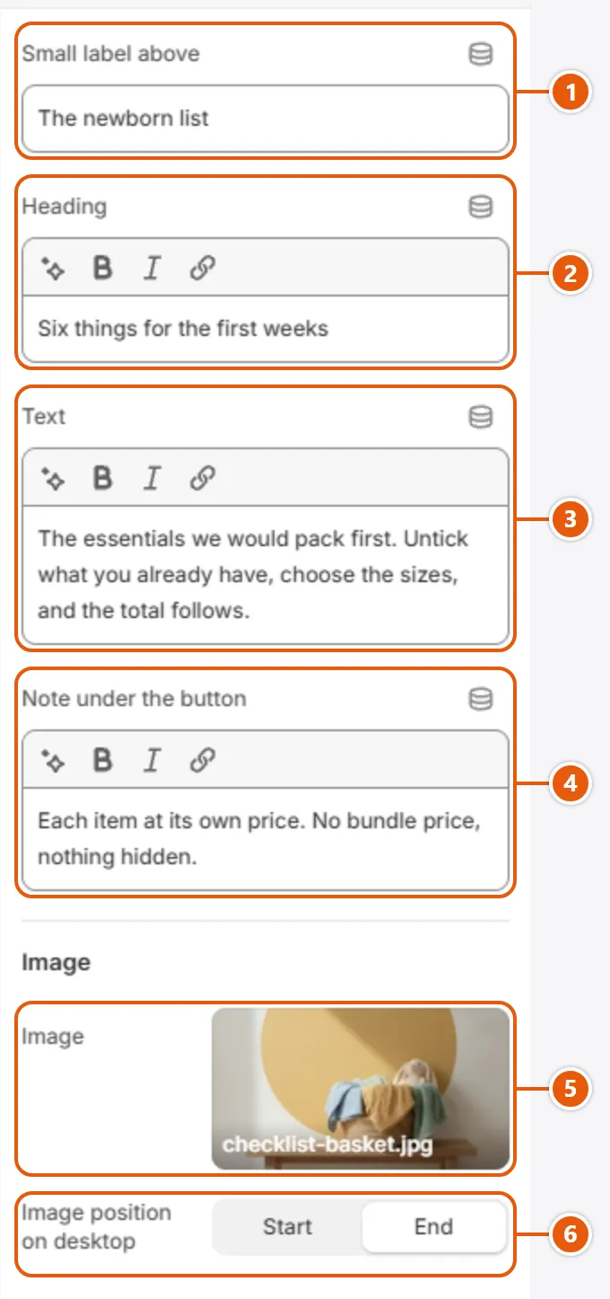 “Checklist” settings in the Shopify editor (1 of 2)