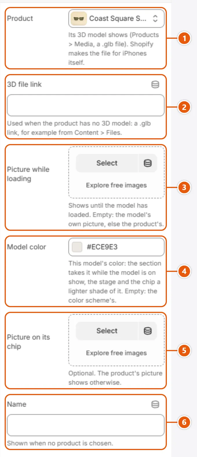 “3D model” settings in the Shopify editor (1 of 2)