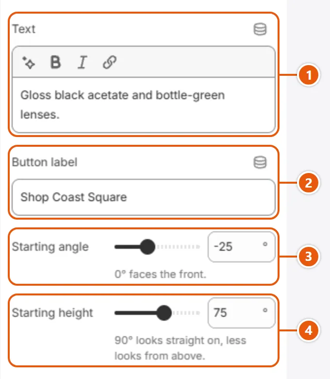 “3D model” settings in the Shopify editor (2 of 2)