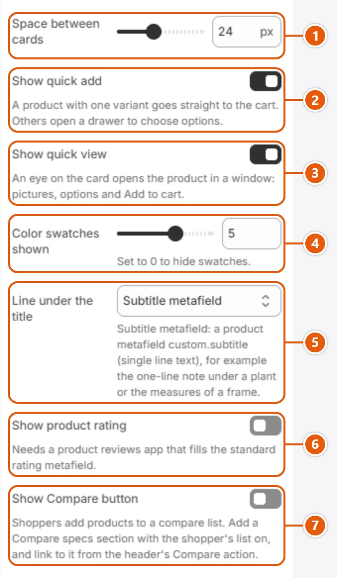 “Product cards” settings in the Shopify editor (2 of 2)