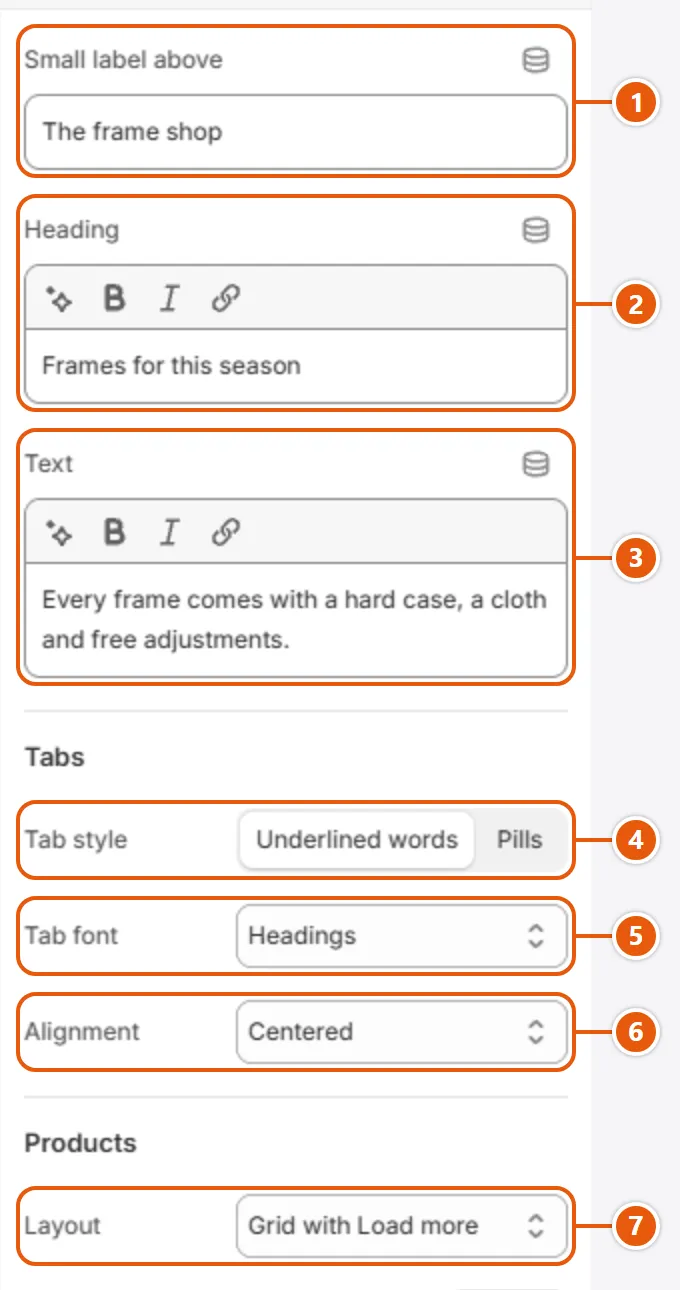 “Product tabs” settings in the Shopify editor (1 of 3)