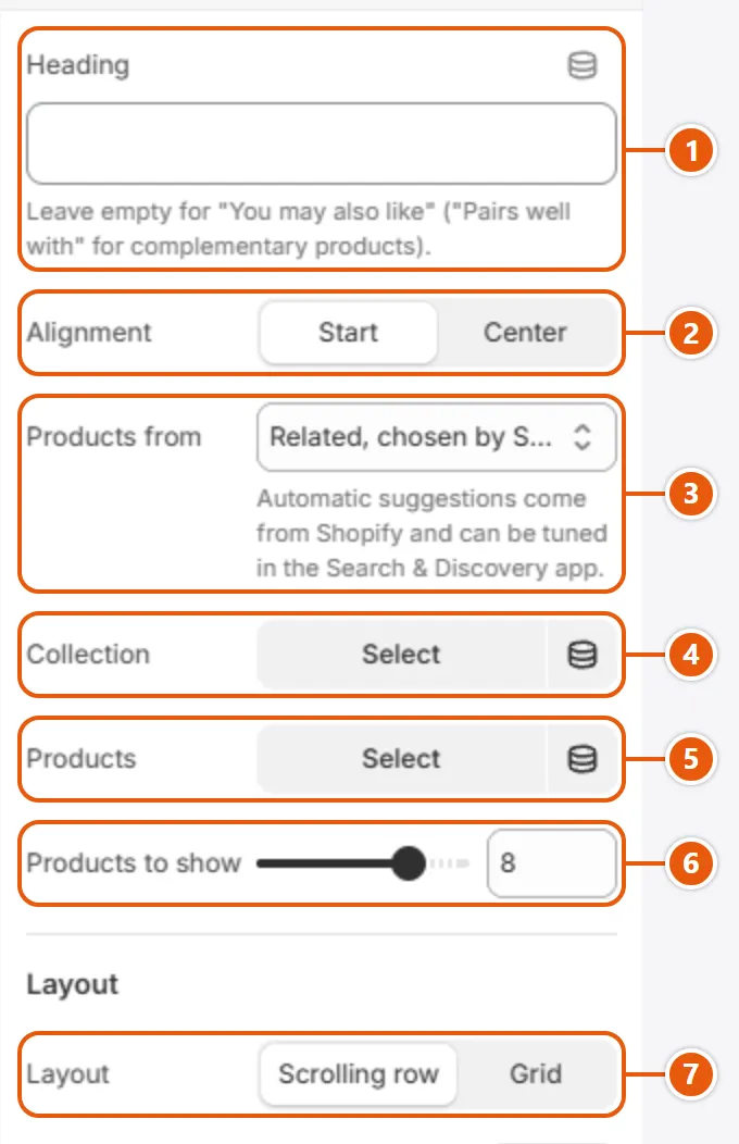 “Related products” settings in the Shopify editor (1 of 2)