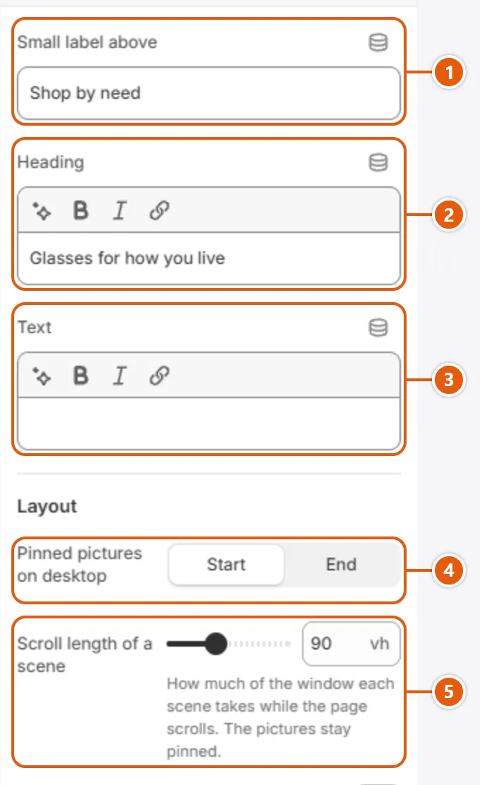 “Scale story” settings in the Shopify editor (1 of 2)