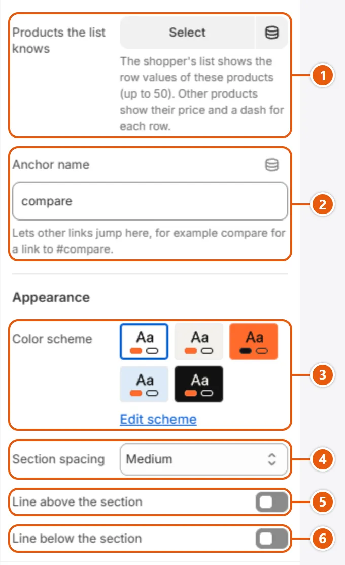 “Compare specs” settings in the Shopify editor (2 of 2)