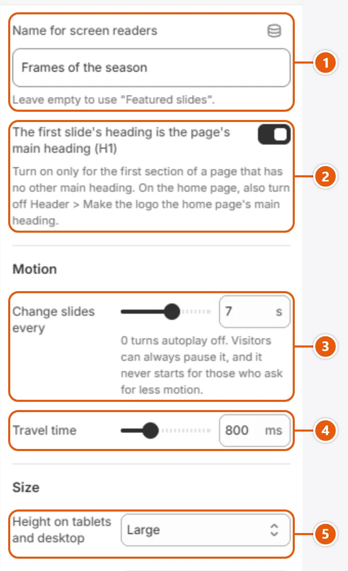 “Split counter slideshow” settings in the Shopify editor (1 of 2)