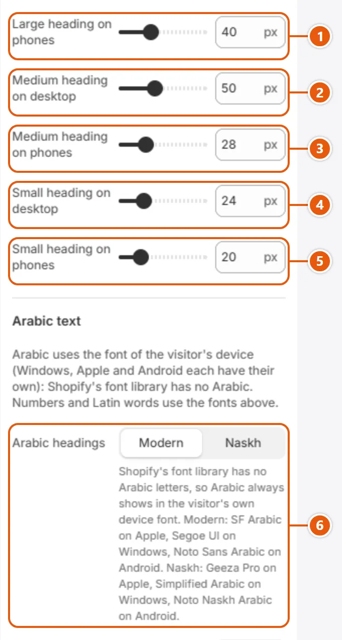 “Typography” settings in the Shopify editor (2 of 3)