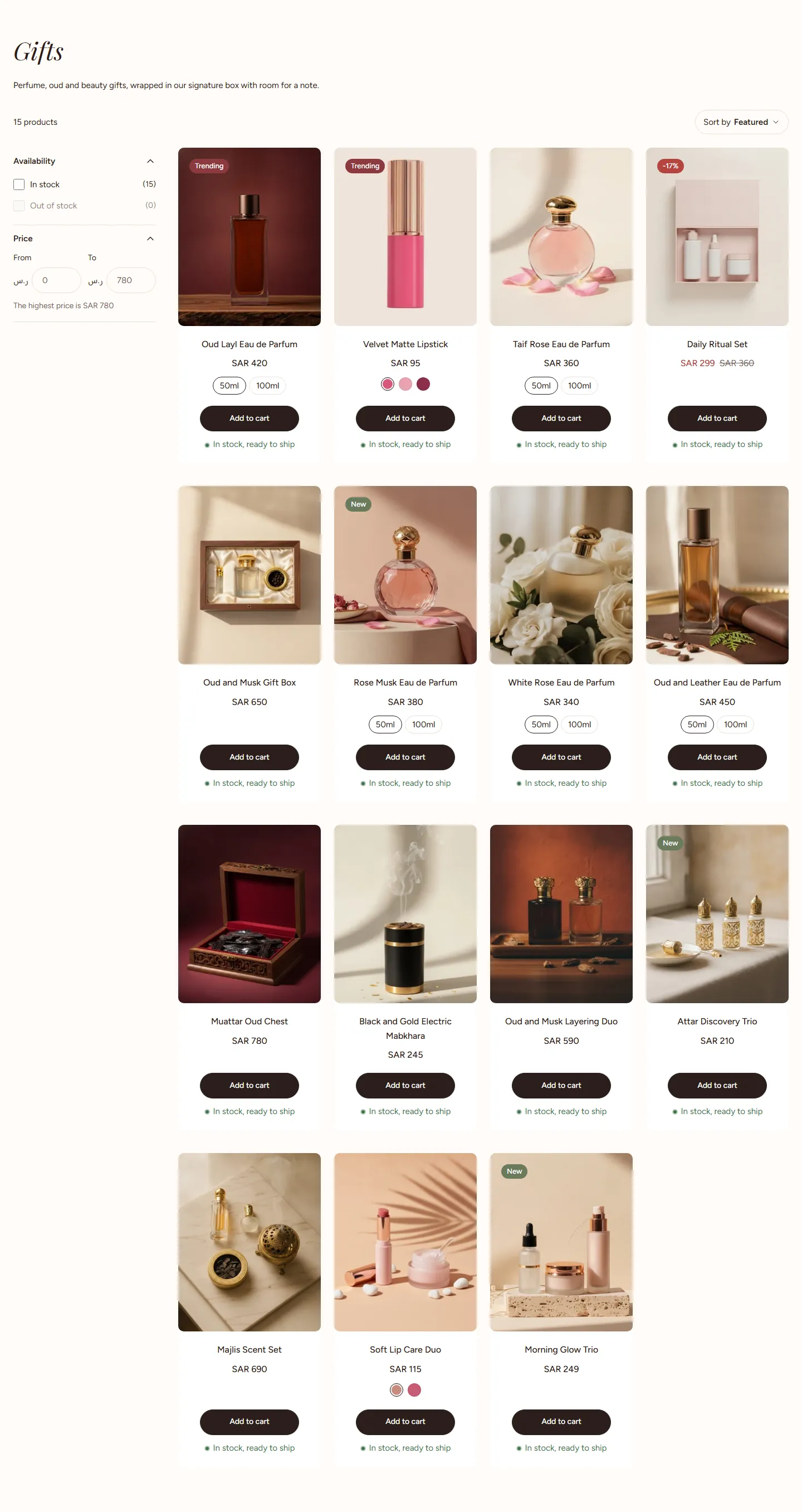 The “Product grid” section in the Rayhan design